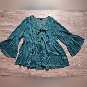 Torrid Sheer Emerald Green Chiffon Babydoll Blouse Lace Up Top 2X